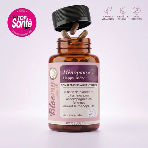 Flacon de Méno, complément alimentaire pour la ménopause : ashwagandha, actée à grappes, vitamine D3 et vitamine B6
