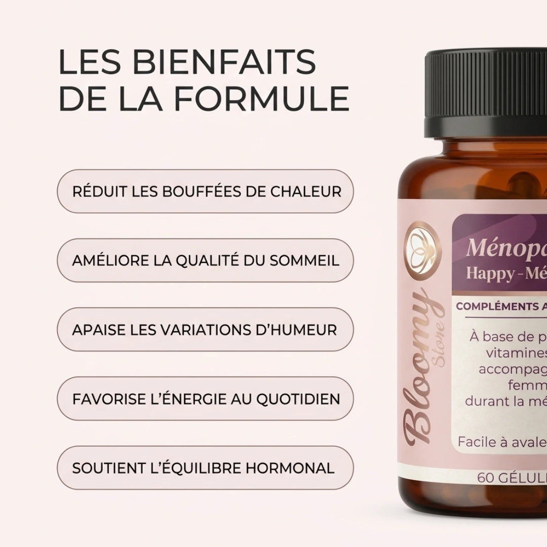 Visuel Méno présentant les axes de la formule : bouffées de chaleur, qualité du sommeil, variations d'humeur, énergie au quotidien et équilibre hormonal