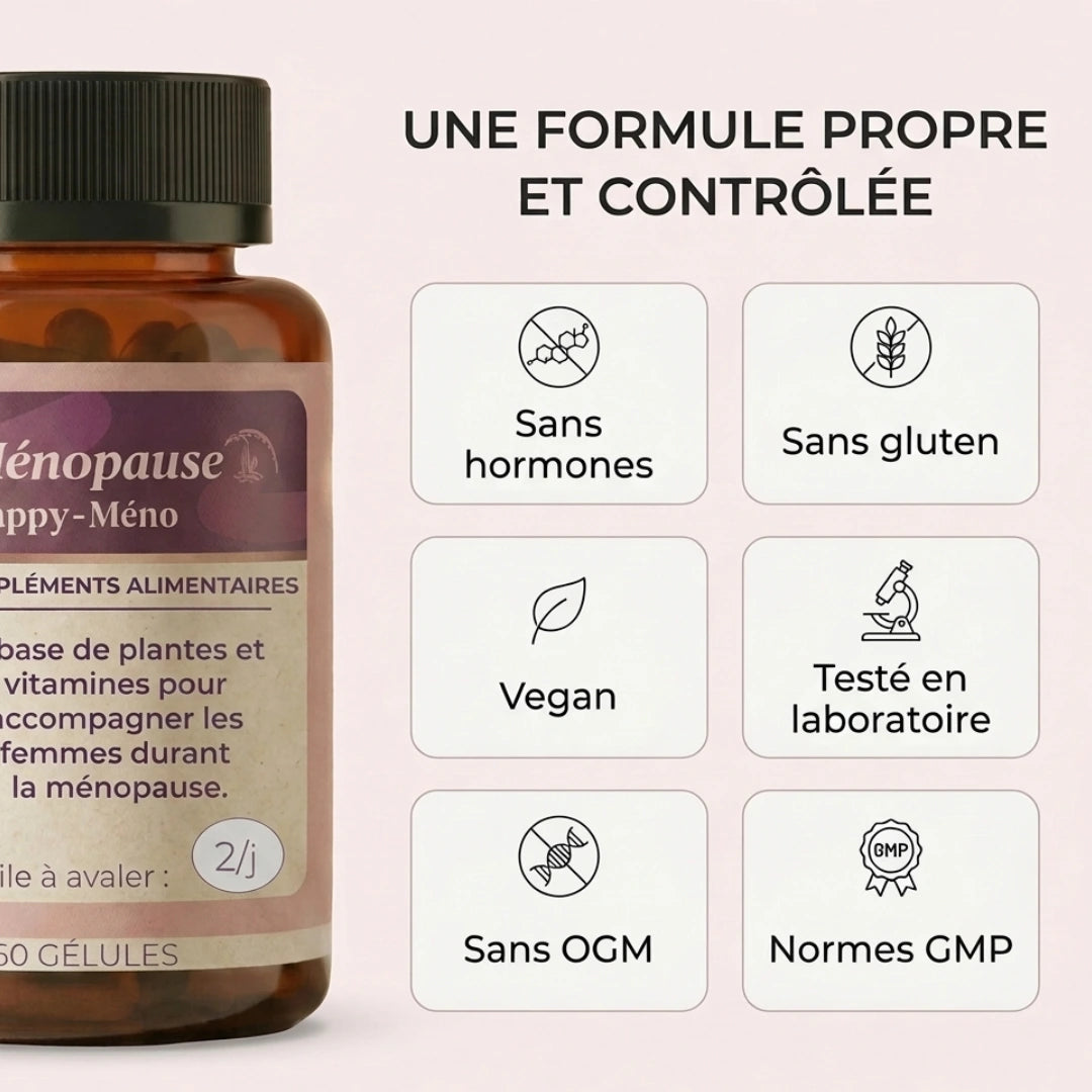 Méno formule propre et contrôlée : sans hormones, vegan, sans gluten, sans OGM, testé en laboratoire, normes GMP